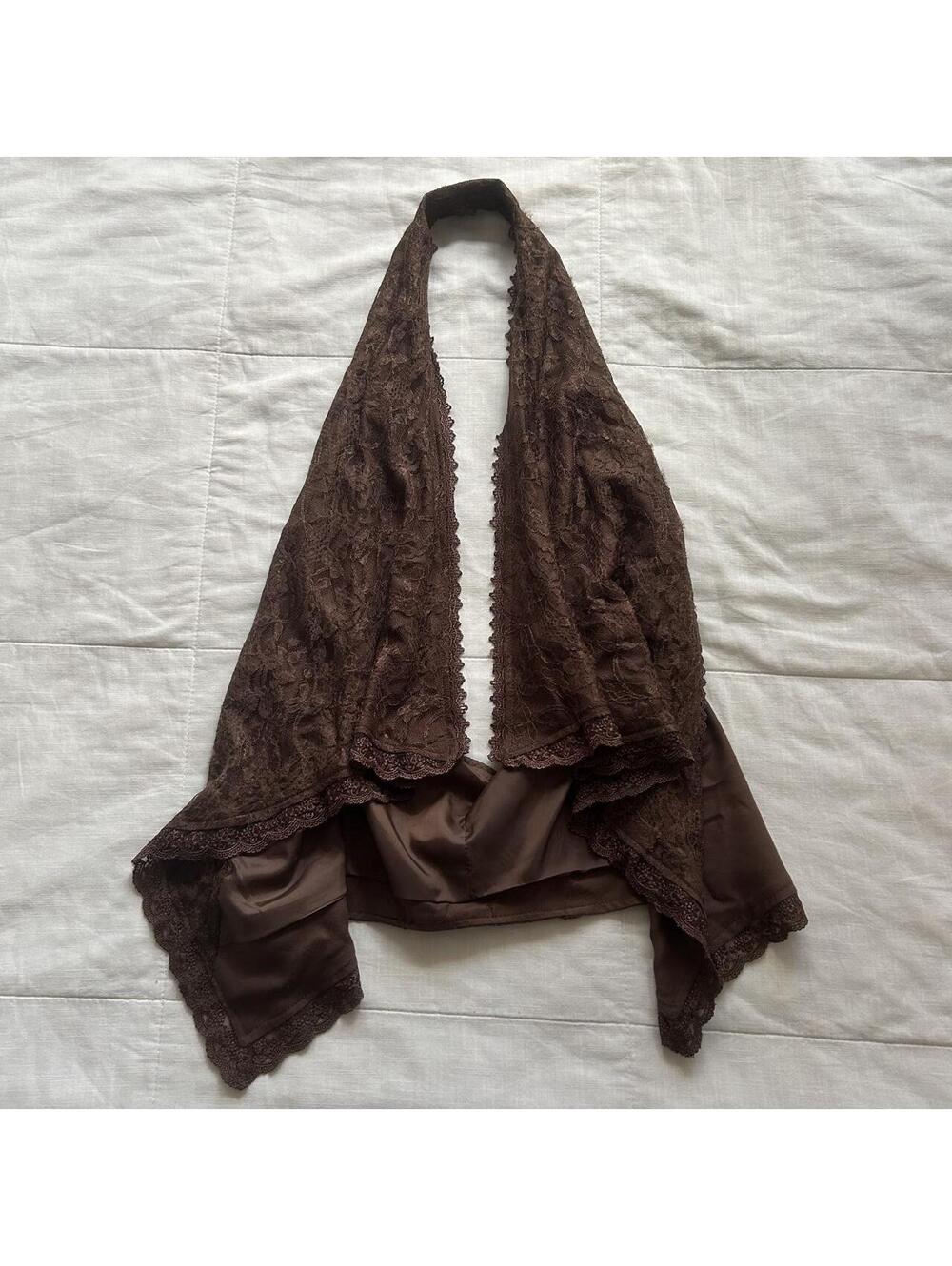 Axes Femme Brown Floral Lace Draped Waterfall Vest Handkerchief Hem M Japan